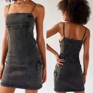 Urban Outfitters Whitney Black Denim Mini Dress Small, Cargo Pocket Grunge Indie